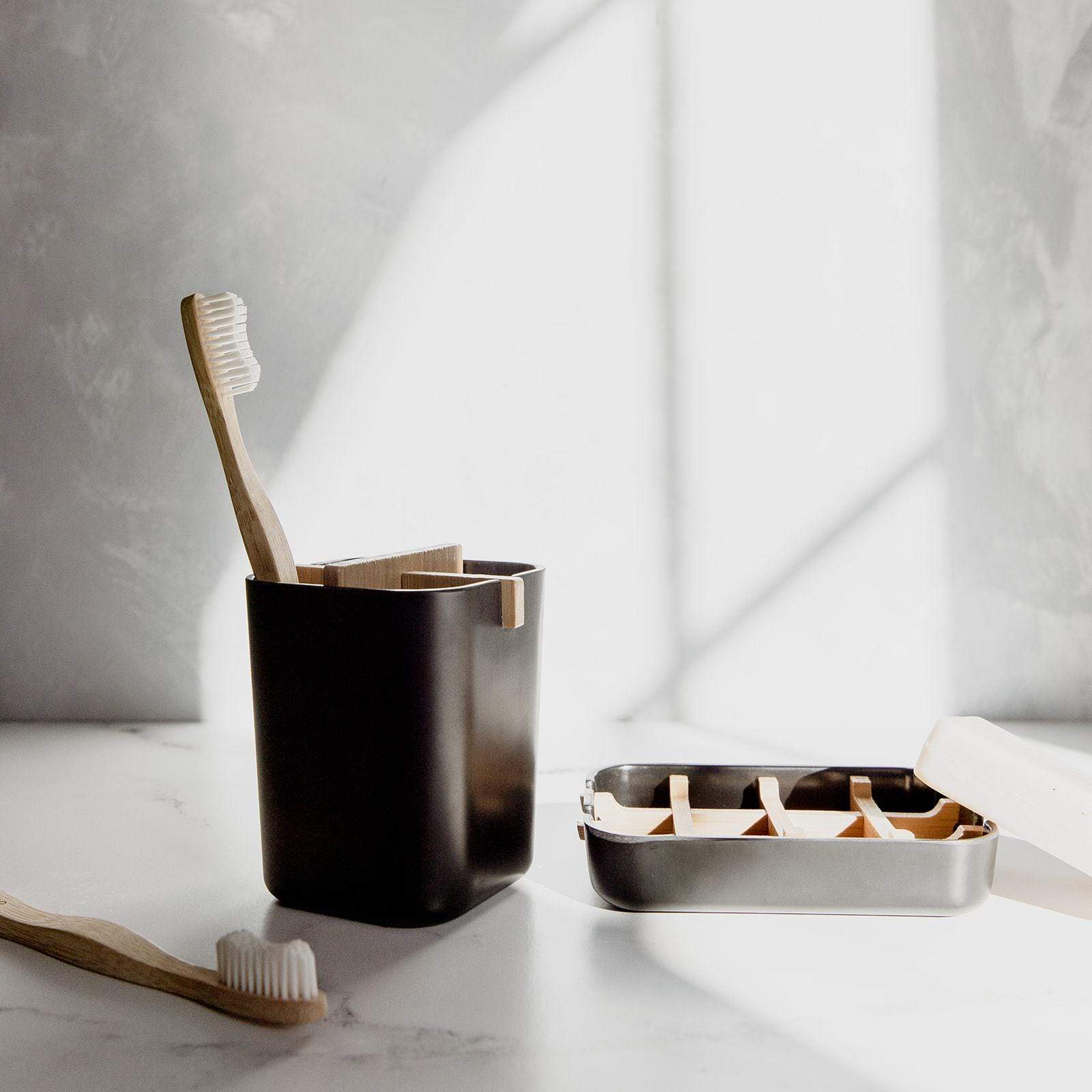 Zero Waste Brush Holder- Bamboo Fiber & Corn Starch, White or Black - Image 3